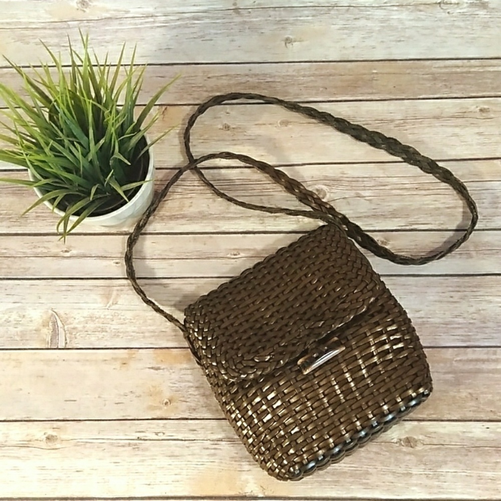 Dark brown leather basket weave crossbody purse - Picture 2 of 8
